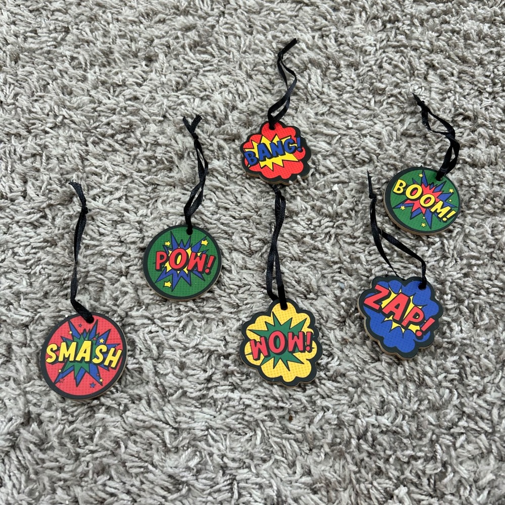 Superhero Comic Book Wood Ornaments Set of‎ 6 Smash Pow Bang Wow Boom Zap Retro